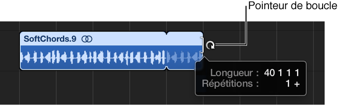 Figure. Mise en boucle d’une région dans la zone Pistes. La bulle d’aide indique la durée de la région et le nombre de répétitions.