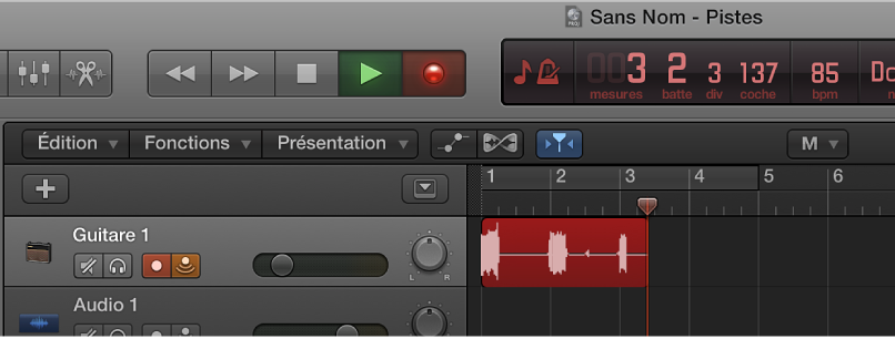 Figure. Piste audio dans la zone Pistes montrant une nouvelle région audio en cours d’enregistrement.