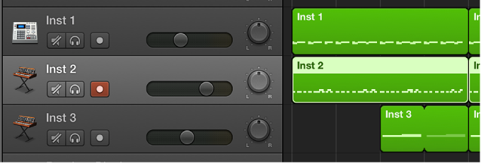 Figure. Zone Pistes affichant des régions d’instruments logiciels dans des pistes d’instruments logiciels.