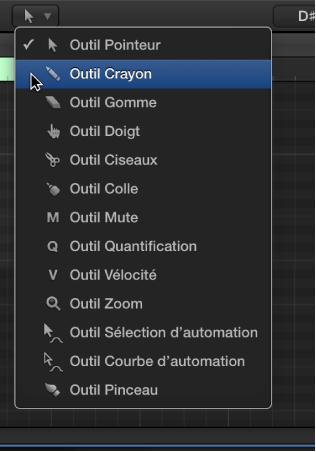 Figure. Menu Outil de l’éditeur de clavier, avec l’outil Crayon sélectionné.