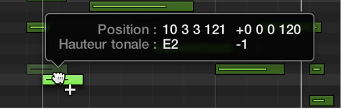 Figure. Glissement d’une note en maintenant la touche Option enfoncée pour la copier dans l’éditeur de clavier. La bulle d’aide reprend la position et la hauteur tonale des notes.