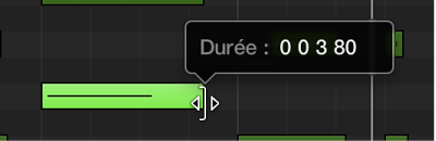 Figure. Glissement du bord inférieur droit d’une note MIDI dans l’éditeur de clavier. La bulle d’aide mentionne la durée de la note.