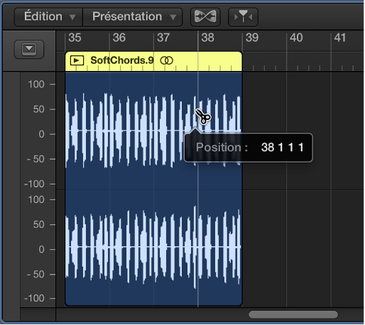 Figure. Modification d’une région audio dans l’éditeur de piste audio.