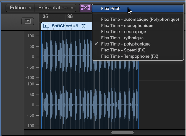 Figure. Menu local Flex avec le mode Flex Pitch sélectionné.