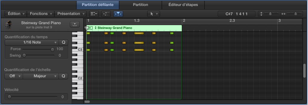 Figure. Éditeur de clavier montrant une région MIDI avec des événements de note.
