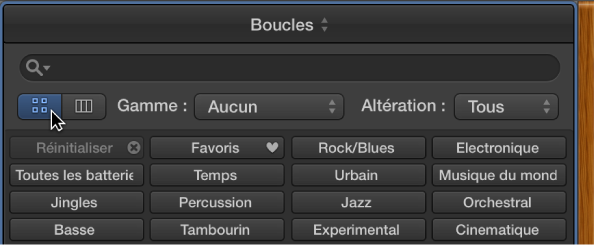 Figure. Navigateur de boucles montrant les boutons des mots-clés et le bouton Présentation en boutons.