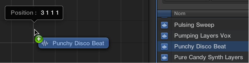 Figure. Glissement d’une boucle du navigateur de boucles à la zone Pistes. La bulle d’aide mentionne la position de la boucle.
