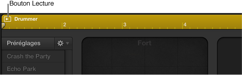Figure. Clic sur le bouton de lecture dans la partie supérieure gauche de l’éditeur Drummer.