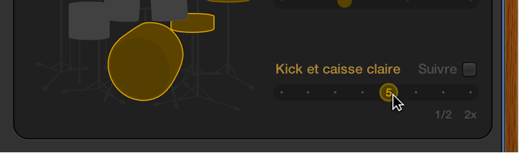 Figure. Glissement du curseur « Kick et caisse claire » dans l’éditeur Drummer.