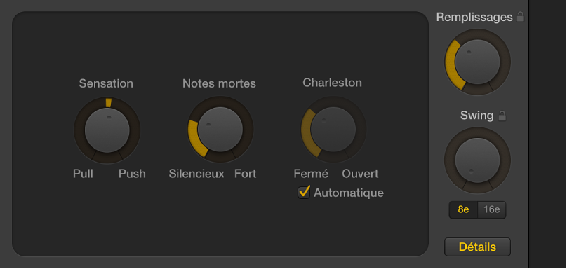Figure. Éditeur Drummer avec le bouton Détails sélectionné, montrant les potentiomètres Sensation, Notes fantômes et Charleston.