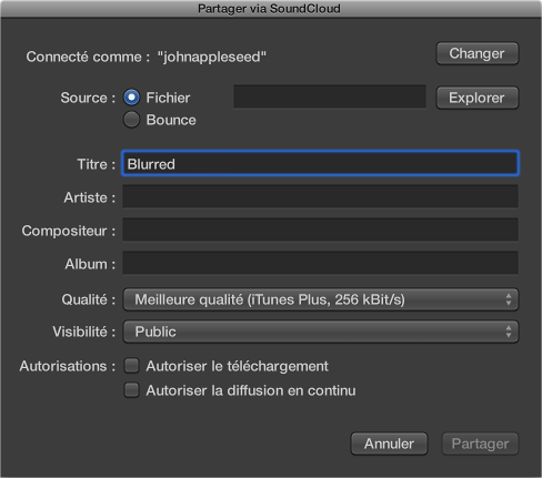 Figure. Zone de dialogue Partager via SoundCloud.
