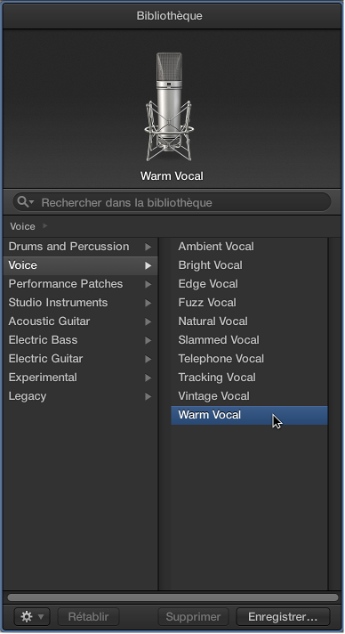 Figure. Bibliothèque avec un patch vocal sélectionné.