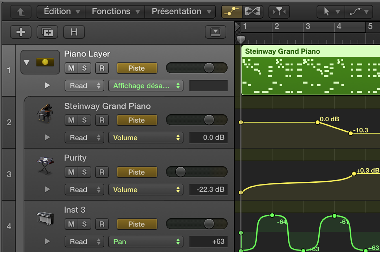 Figure. Track Stack ouverte dans la zone Pistes, présentant la vue d’ensemble et les courbes d’automation.