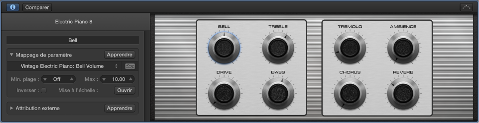 Figure. Sous-fenêtre Smart Controls présentant les contrôles d’écran pour un patch. L’inspecteur de Smart Control est ouvert et affiche le mappage du contrôle d’écran sélectionné.
