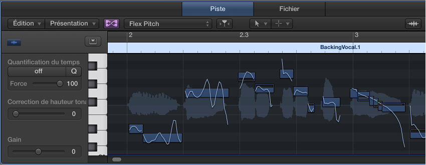 Figure. Éditeur de piste audio présentant une région en mode Flex Pitch.
