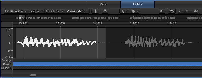 Figure. Éditeur de fichier audio présentant la forme d’onde du fichier audio sélectionné.