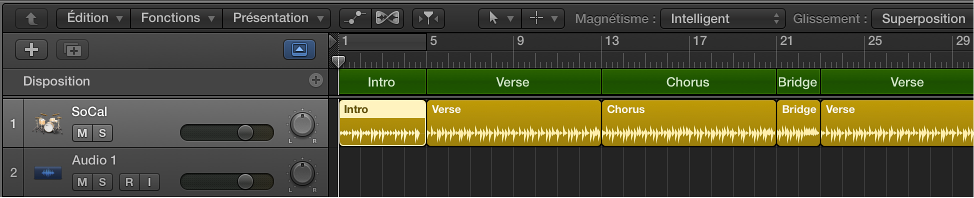 Figure. Piste de Drummer contenant cinq régions correspondant aux cinq marqueurs d’arrangement.