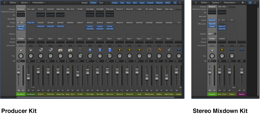 Figure. Tables de mixage côte à côte présentant un ensemble Producer Kit et une fusion stéréo.