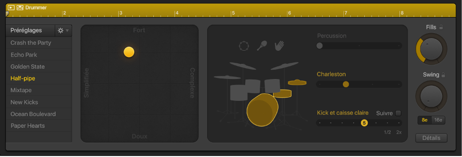 Figure. Côté droit de l’éditeur de drummer affichant des réglages de région.