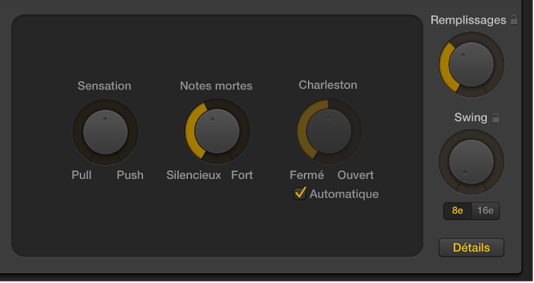 Figure. Potentiomètre Feel, potentiomètre Notes fantômes et potentiomètre Charleston dans l’éditeur de drummer.