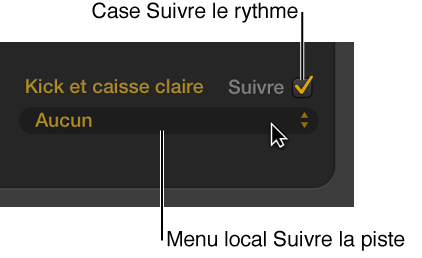 Figure. Case Suivre et menu local Suivre la piste dans l’éditeur de drummer.