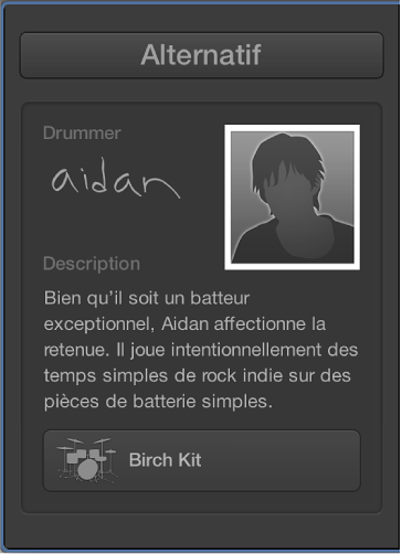 Figure. Fiche personnage du drummer Aidan.