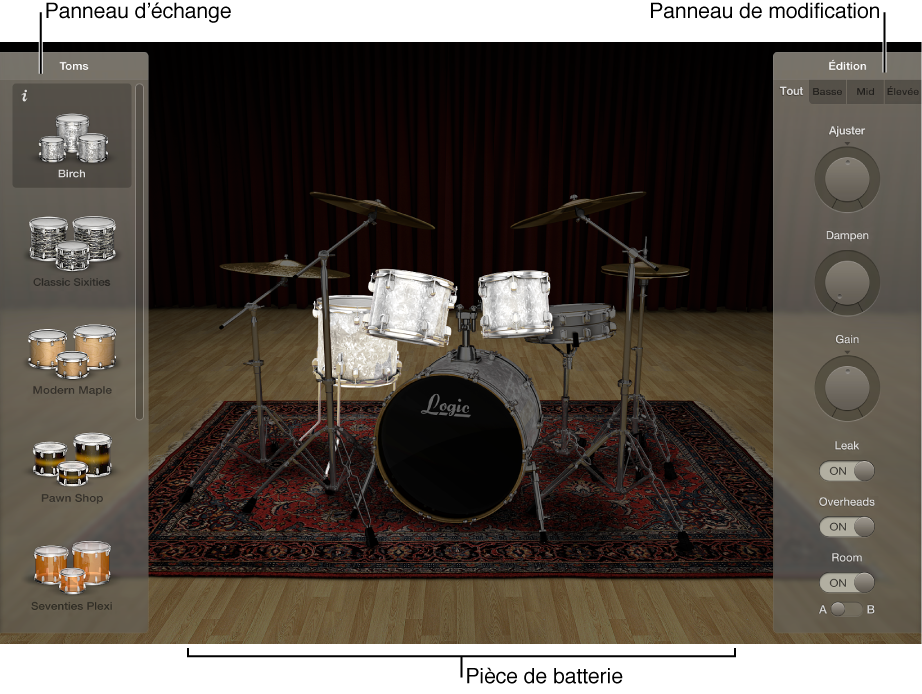 Figure. Drum Kit Designer affichant l’ensemble de batterie et les panneaux d’échange et de modification.