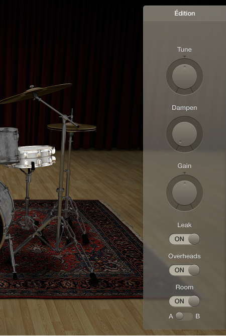 Figure. Panneau de modification dans Drum Kit Designer.
