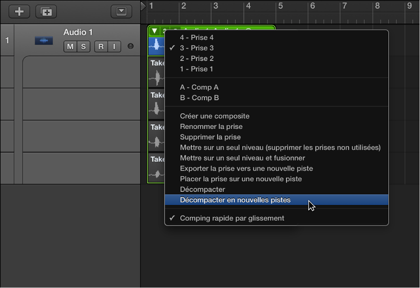 Figure. Sélection de « Décompacter en nouvelles pistes » dans le menu local.