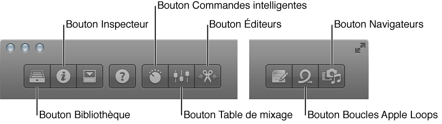 Figure. Barre des commandes avec des boutons pour les différentes zones de travail.