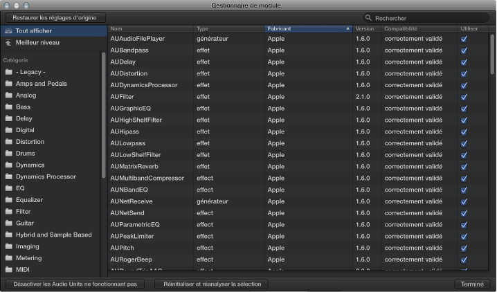 Figure. Fenêtre Gestionnaire Audio Units.