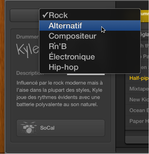 Figure. Éditeur de drummer affichant le menu local des genres.
