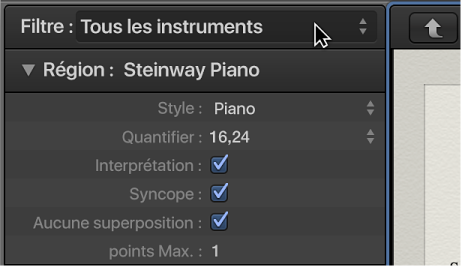 Figure. Menu Jeu de partitions dans l’inspecteur
