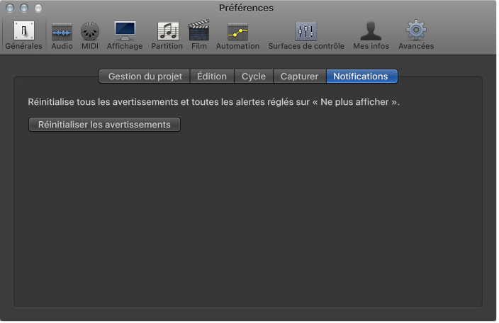 Figure. Préférences de notifications générales.