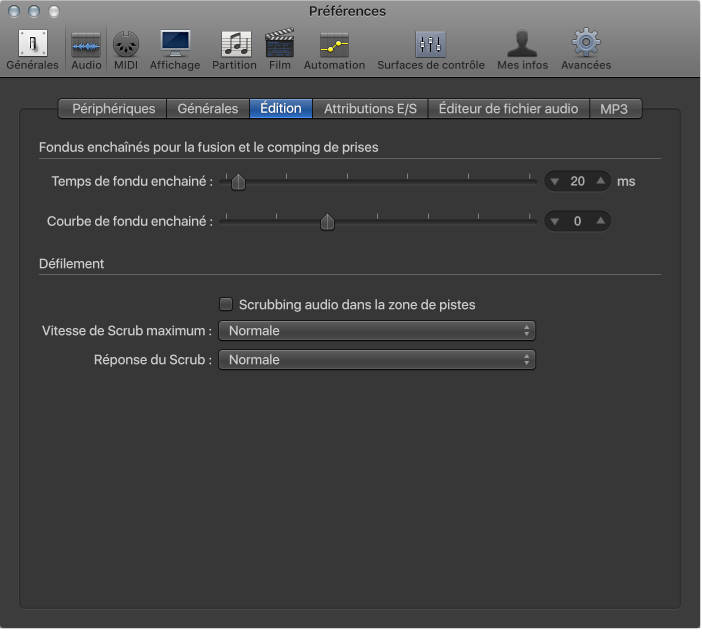 Figure. Préférences d’édition audio.