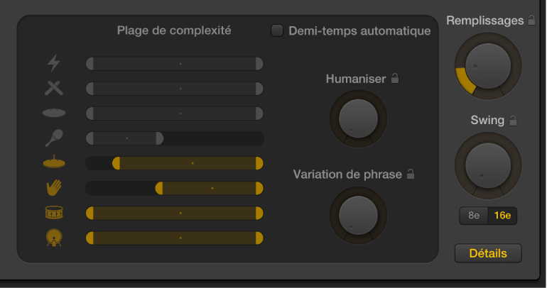 Figure. Potentiomètre Humaniser, potentiomètre Évolution et curseurs Plage de complexité dans l’éditeur de drummer.