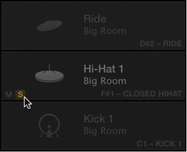 Figure. Pièce de l’ensemble dont la lecture solo est activée dans Drum Machine Designer.