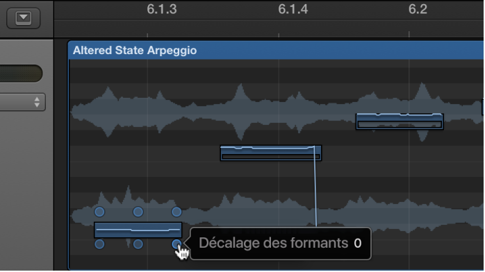 Figure. Éditeur de piste audio avec zones actives de modification.