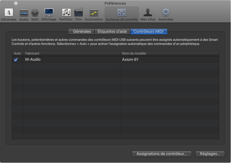 Figure. Onglet Contrôleur MIDI USB des surfaces de contrôle.