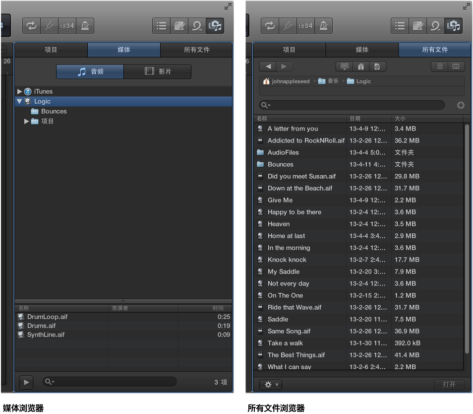 图。 媒体浏览器和所有文件浏览器中的媒体文件。