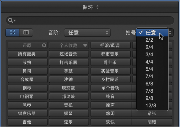 图。 循环浏览器中的“拍号”弹出式菜单。