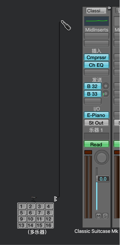 图。 在“环境”窗口中将映射的乐器连线到软件乐器通道条.