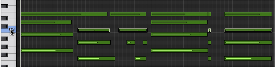 图。 通过点按钢琴卷帘编辑器左边缘键盘来选择同一个音高的音符。