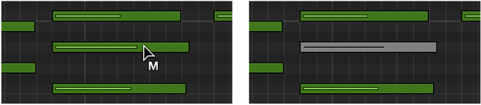图。 显示使用静音工具使音符静音的钢琴卷帘编辑器。