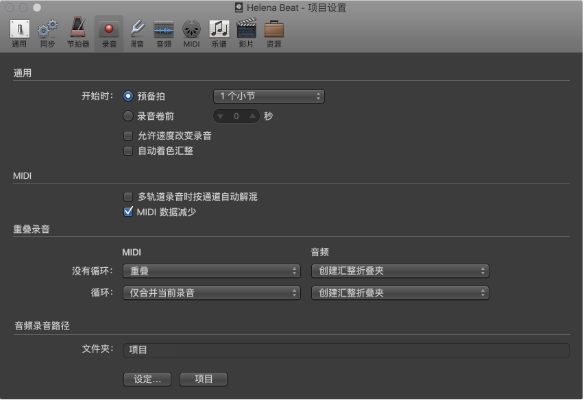 图。 “录音”设置。