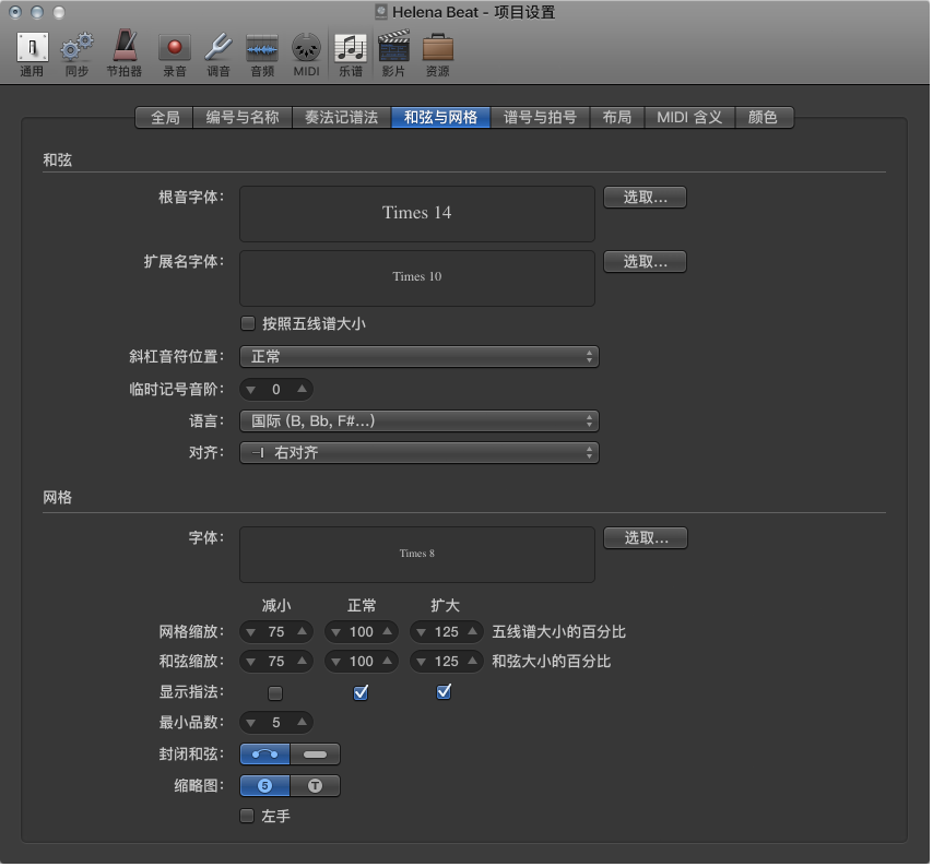 图。 “和弦和网格”设置。