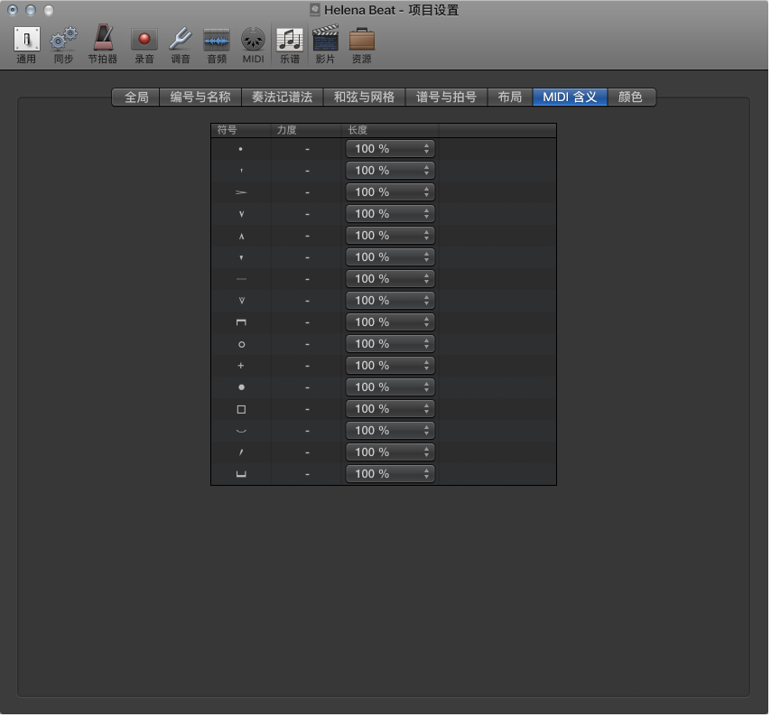 图。 “MIDI 含义”设置。