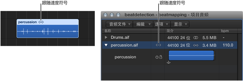 图。 音频片段上和项目音频浏览器中的“跟随速度”符号。