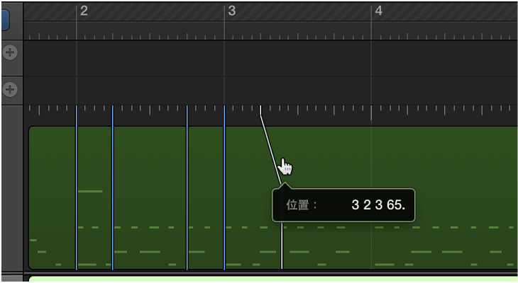 图。 显示从标尺拖到所选音符的竖线的节拍映射轨道。