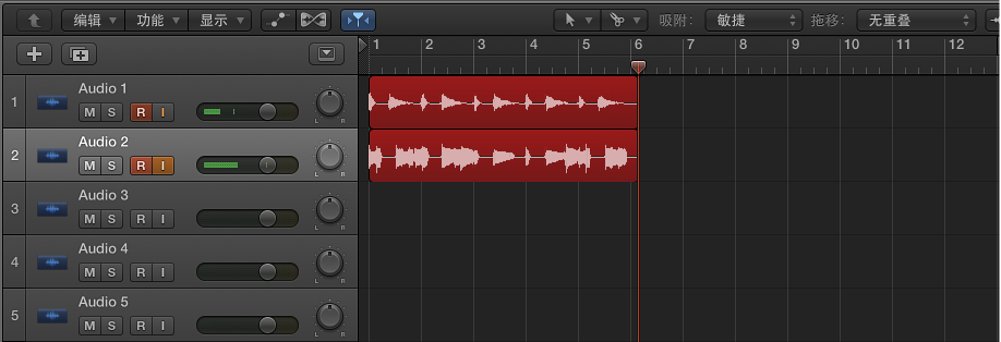 图。 显示两个音轨上的音频录音。